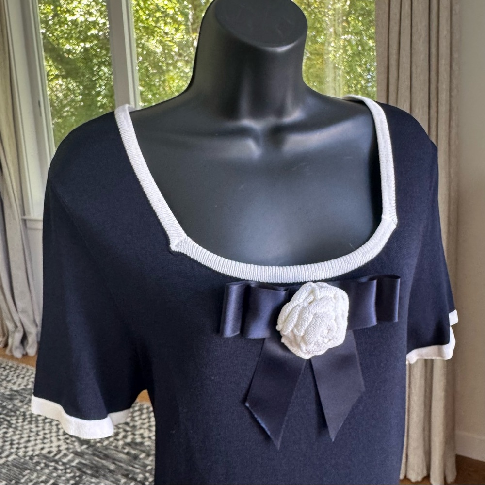 Luisa Spagnoli Navy Blue Knit Dress IT 44 US 8 Bow Trim Elegant Classic Luxury - Picture 3 of 11